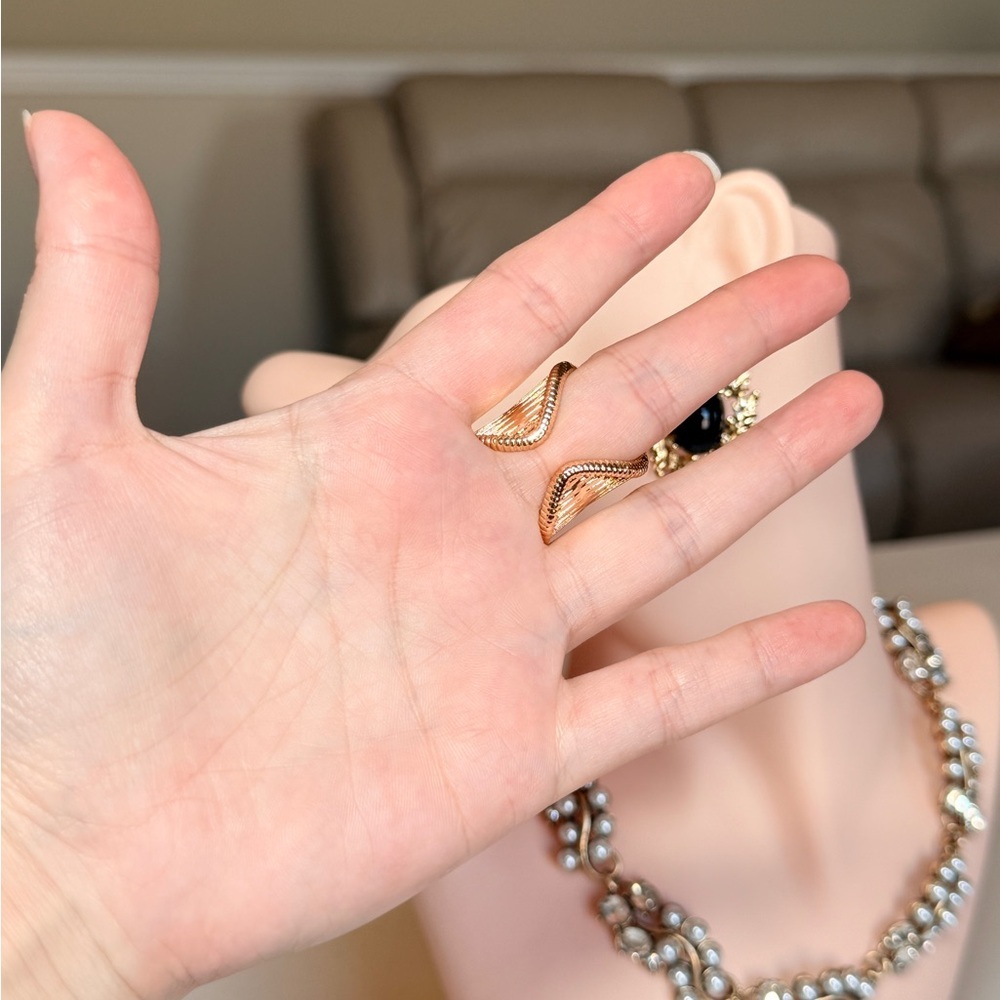 Gold Wide Band Ring with Smoky Gray Cabochon - Picture 8 of 8
